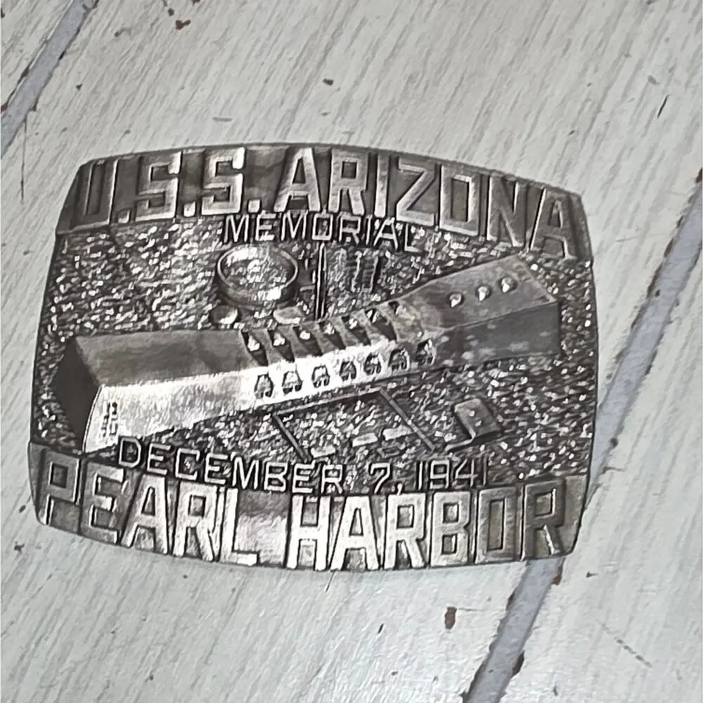 Vtg 1984 USS Arizona Commemorative Belt Buckle Pearl Harbor Indiana Metal Craft